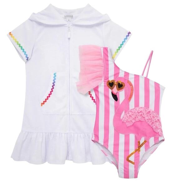 Flapdoodles Pink Flamingo Swimsuit White Cover-Up Set CHOOSE SIZE 2T, 3T, 4 NWT - Picture 1 of 5
